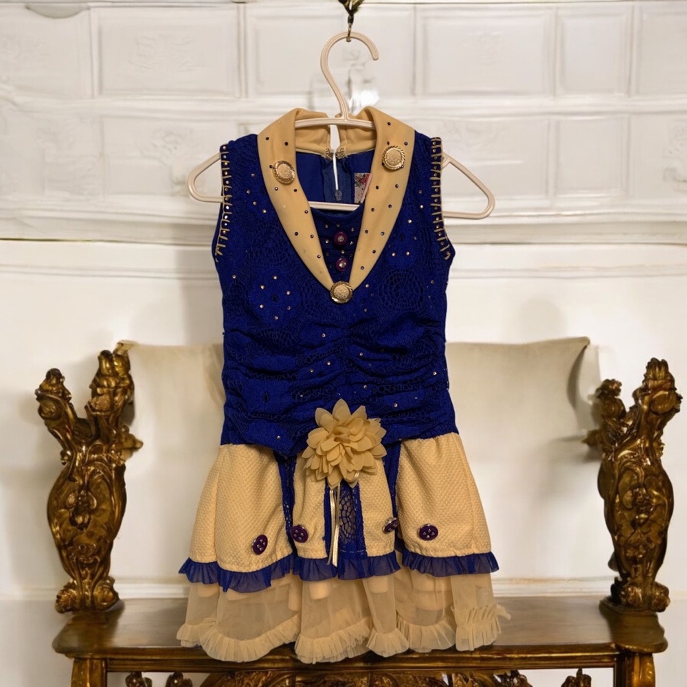 Girl age 3 Blue and Tan Fancy Dance Dress with V-Neckline